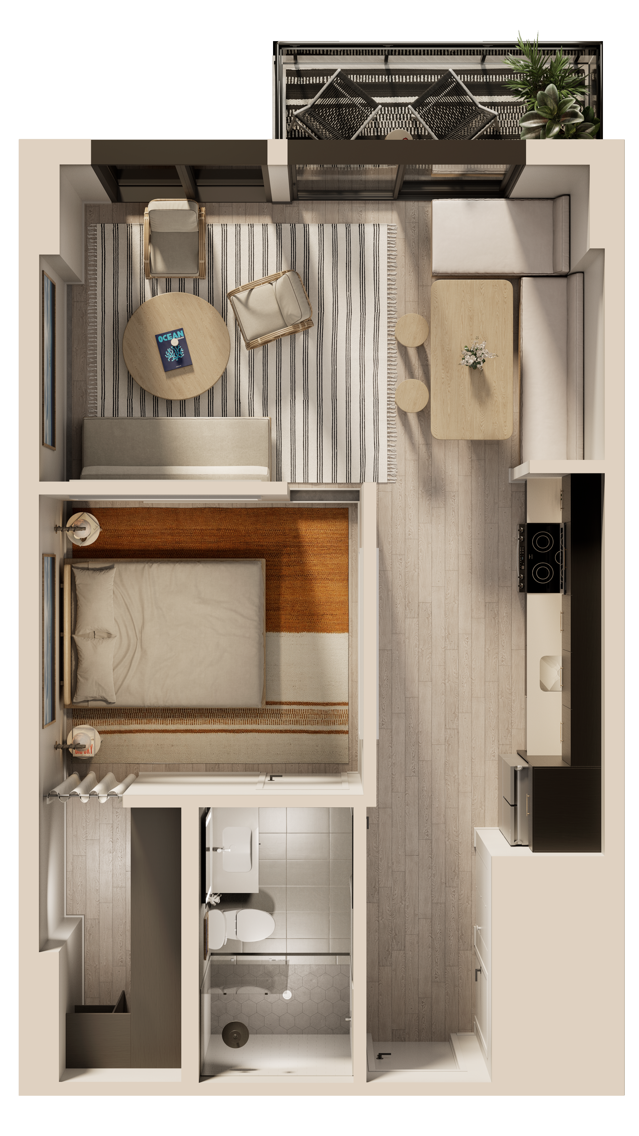Floor plan for 1 bed, 1 bath, 619 sqft